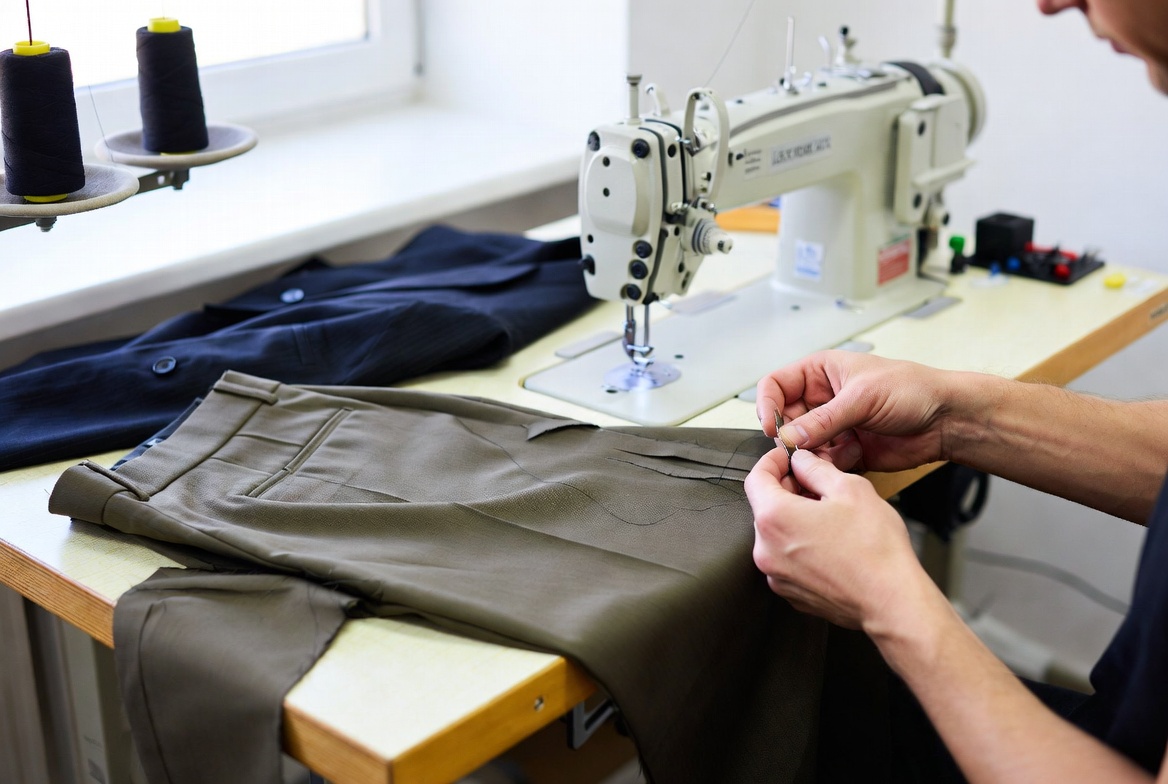 Skilled hands repairing and altering trousers using a sewing machine in a bright clean workshop – Whiteleys Cleaners alterations West Wickham