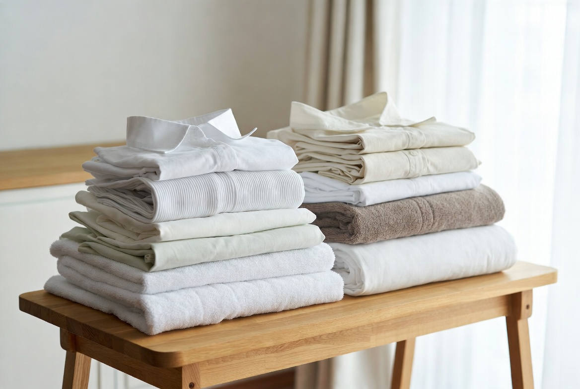 Freshly washed and neatly folded white shirts and towels on a clean wooden table – Whiteleys Cleaners laundry service West Wickham