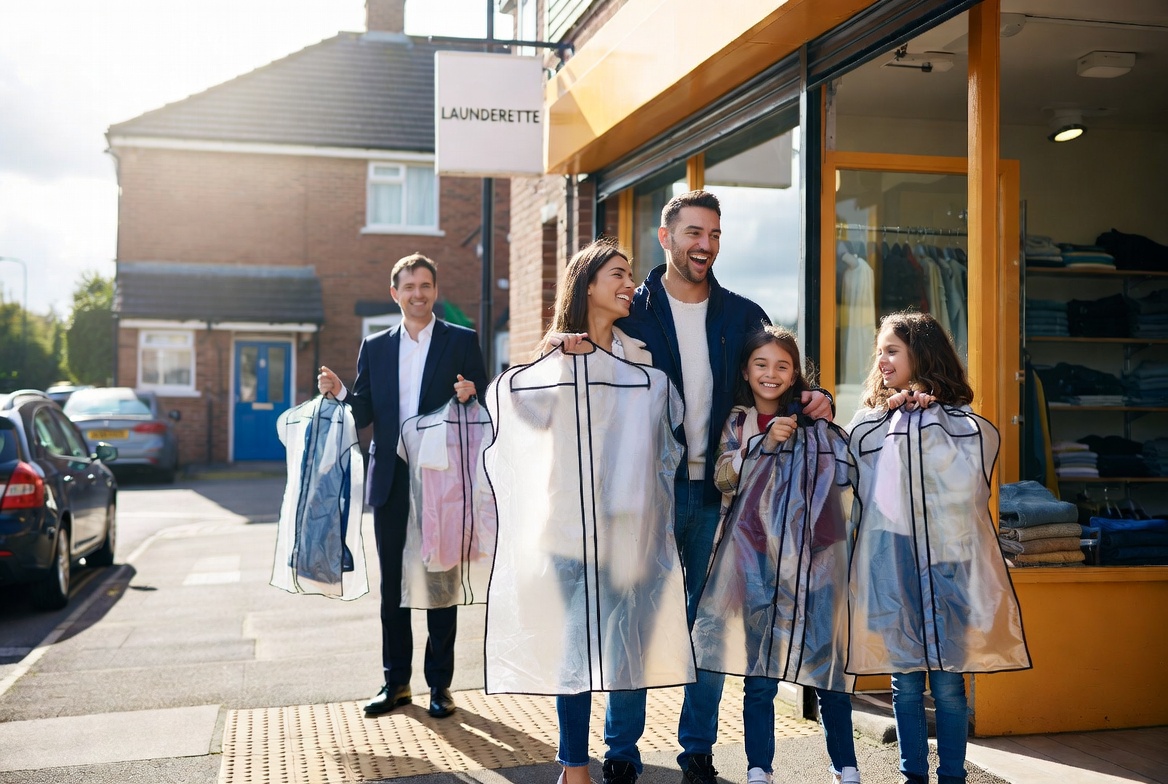 Happy family and business customer holding clean clothes in garment bags outside a local shop in West Wickham – Whiteleys Cleaners special offers
